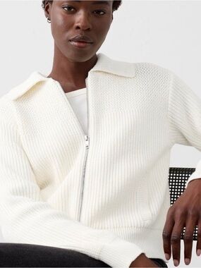 Banana Republic Cream Zip-Up Collared Cotton Knit Cardigan, Large